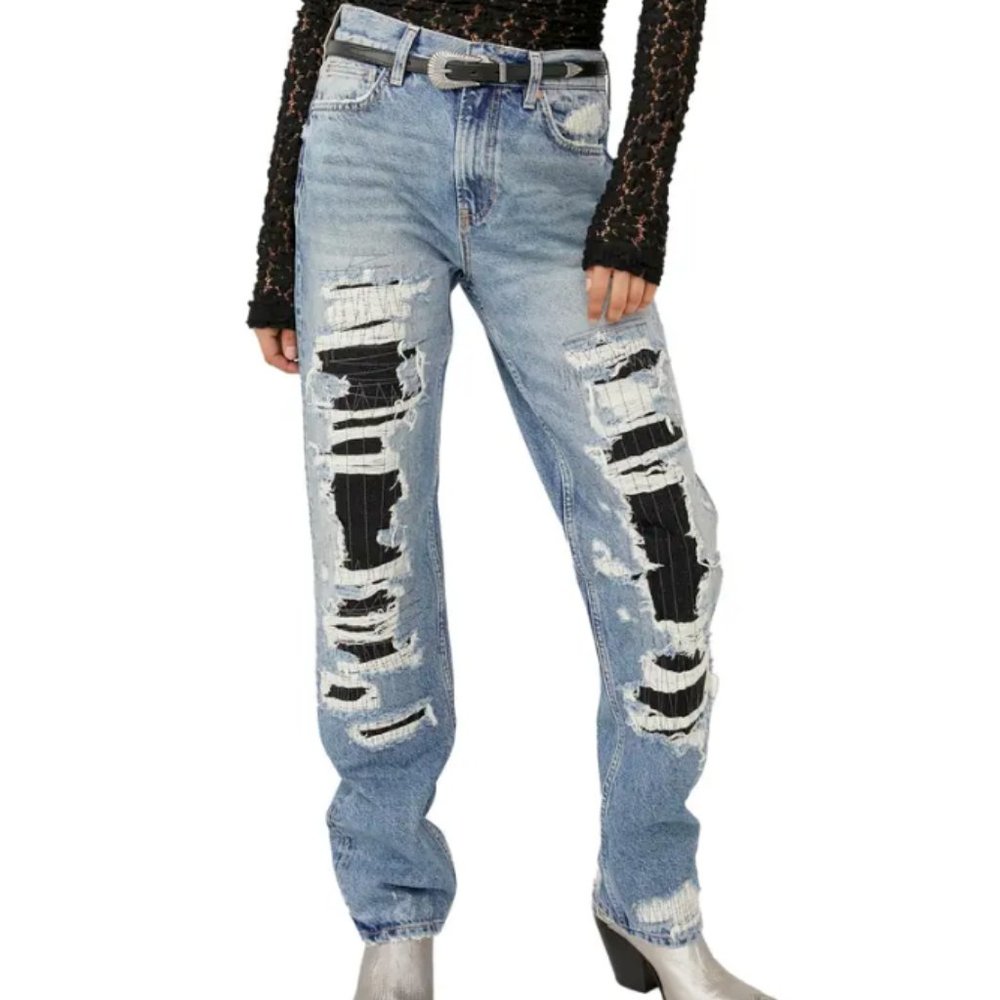 Free People McCoy Destroyed Straight Leg Jeans in Tattered Blue